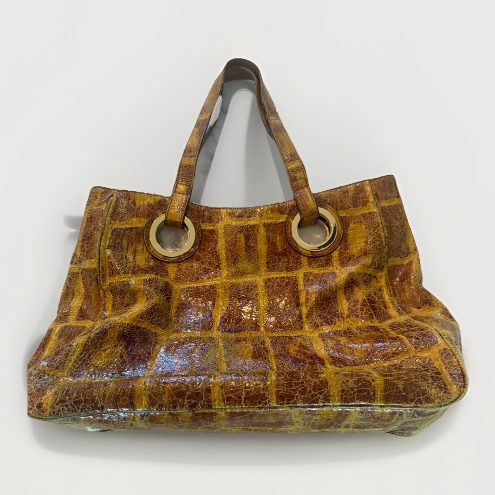 Y2k Hype Yellow BrownShoulder Bag, Crackled Leather Effect Magnetic Closure